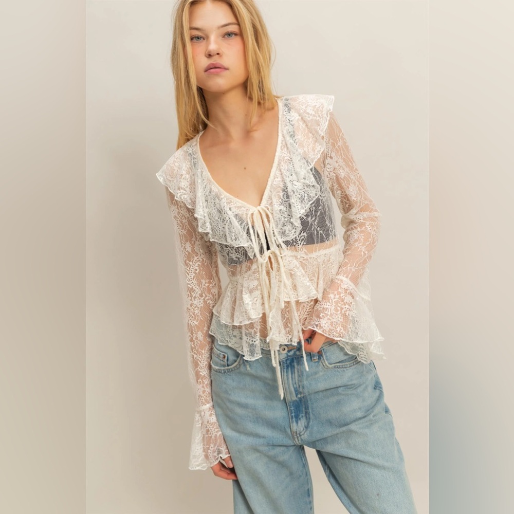 Sheer Ivory Lace Ruffle Tie-Front Top